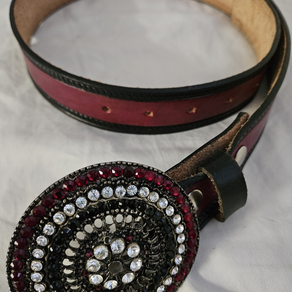 LEATHEROCK Inc.Belt Size Med Red/Black, Red & Clear Shiny Australian Crystals